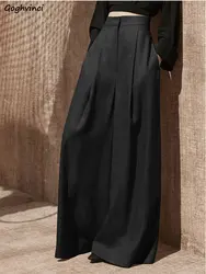 Spodnie szerokie nogawki damskie pełna długość wysoka talia Baggy Casual solidne minimalistyczne Pantalones De Mujer cienkie eleganckie damskie Ropa Vintage