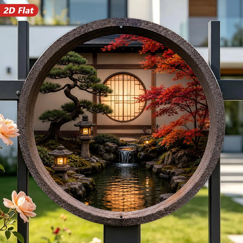 2D Flat, 1pc Round Metal Sign Wall Art, Japanese Garden Scene Home Decor, with Bonsai Tree, Red Maple, Lanterns, Waterfall, Idea