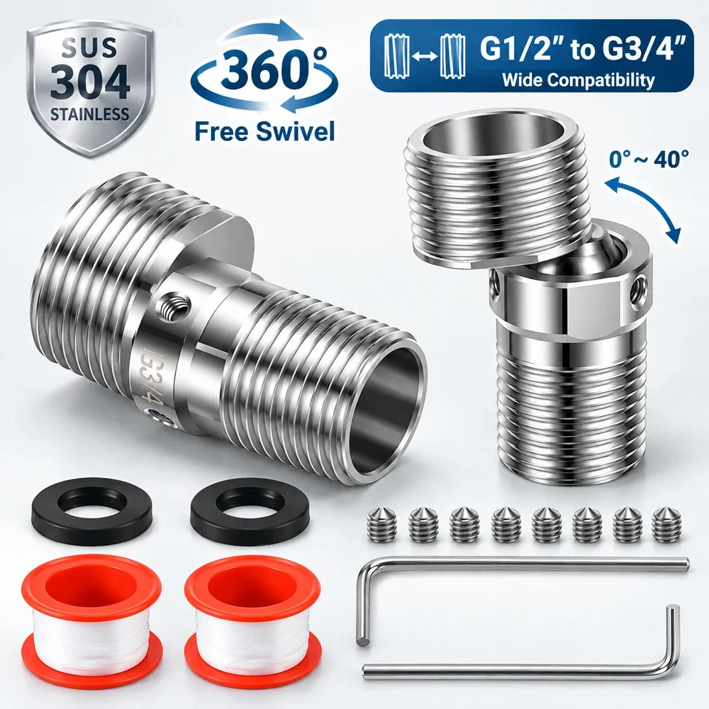 Shower Head Swivel Adapter 360 Degree Adjustable 304 Stainless Steel G1/2 G3/4 Thread Connector 2 Pack Bathroom Sink Pipe Offset