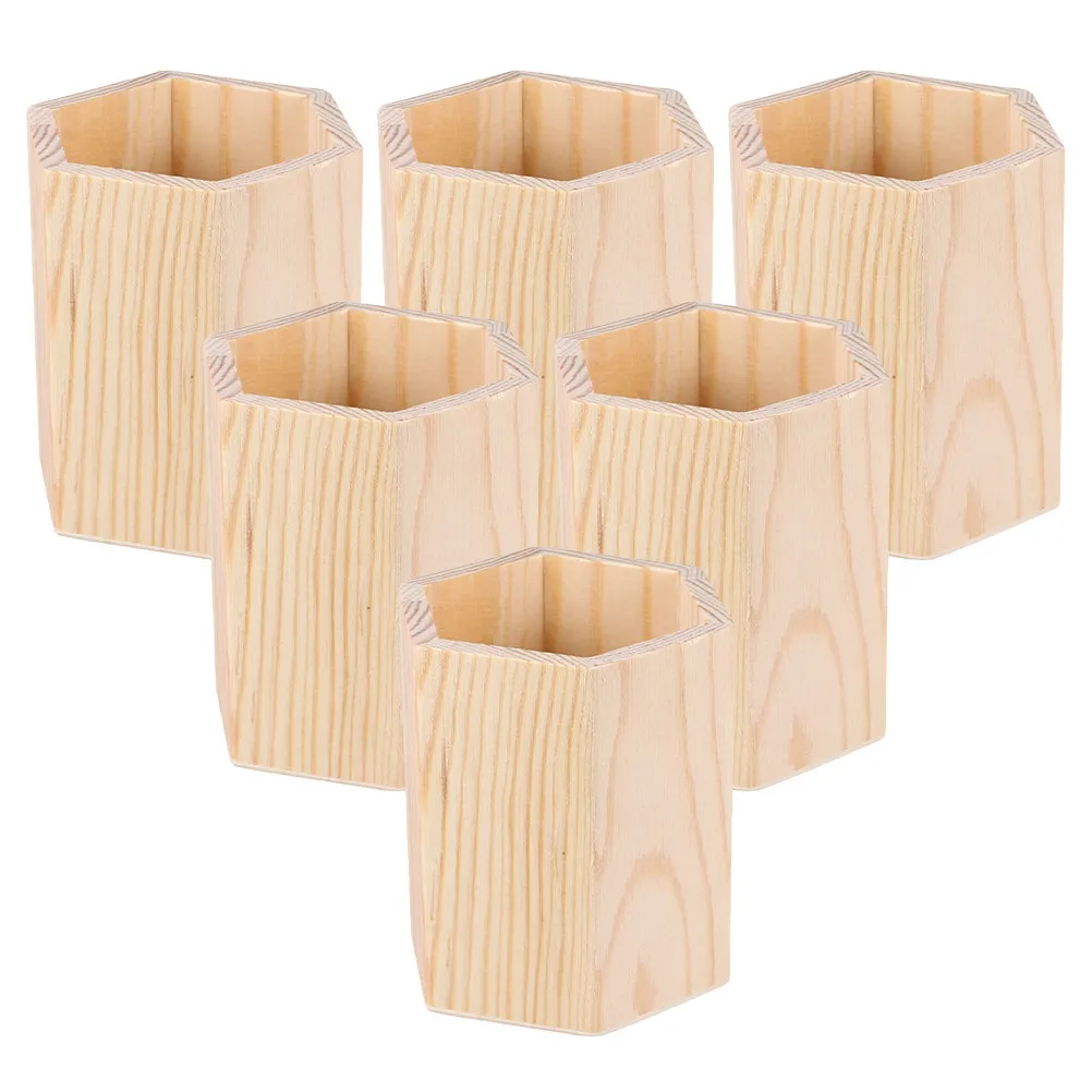 6pcs-pine-wood-pen-holder-desk-organizer-hexagon-shape-unfinished-natural-texture-pencil-makeup-brush-storage-for-office