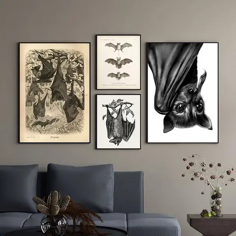Vintage ค้างคาวพิมพ์ Halloween Wall Art ภาพวาดผ้าใบโบราณค้างคาวสัตว์โปสเตอร์ภาพผนังสำหรับห้องนั่งเล่นตกแต่งบ้าน