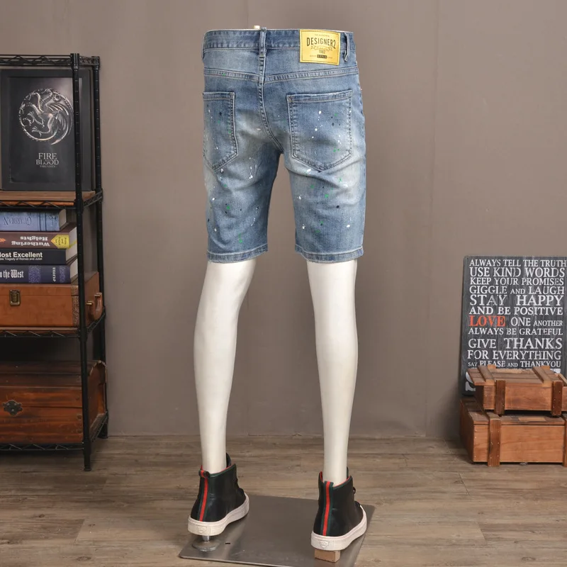 Summer thin hole denim shorts men's trendy brand stretch slim fit fashion badge embroidery design street five quarter pants