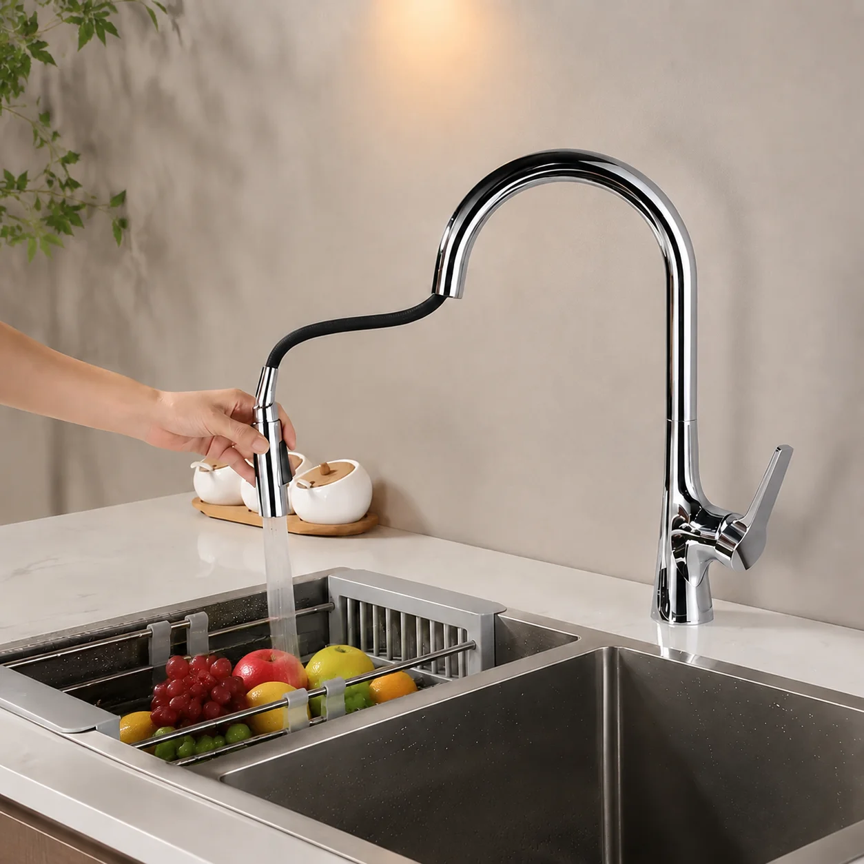 gun gray, brass, kitchen faucet, pull out, single hole, deck mounted, single handle, 360° rotation, 2-function, hot cold, sink m