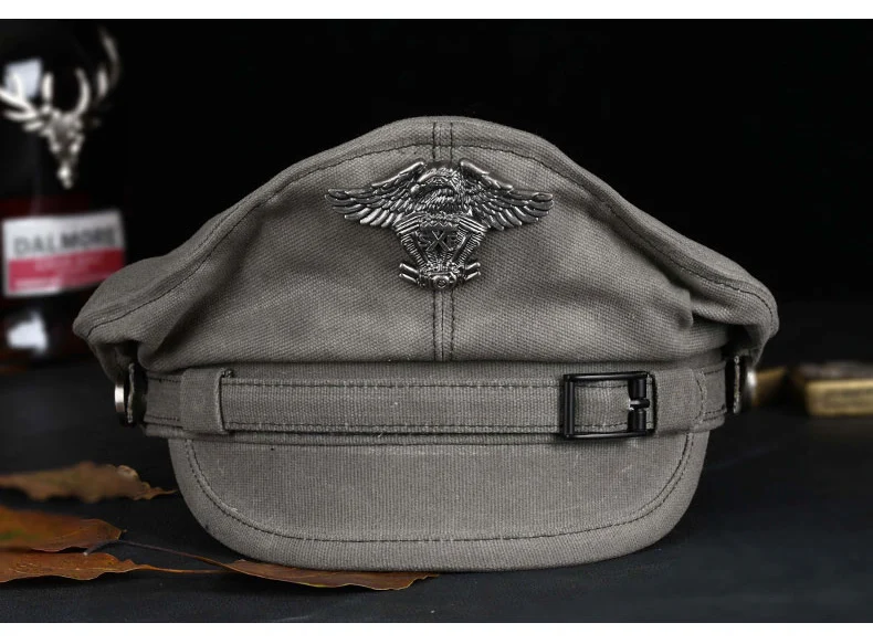Retro 2024 Navy Peaked Sailor Cap Männer Frauen Frühling Armee Hut Männlich Leinwand Grau Adler Gürtel Lokomotive Casquette – Detail 6