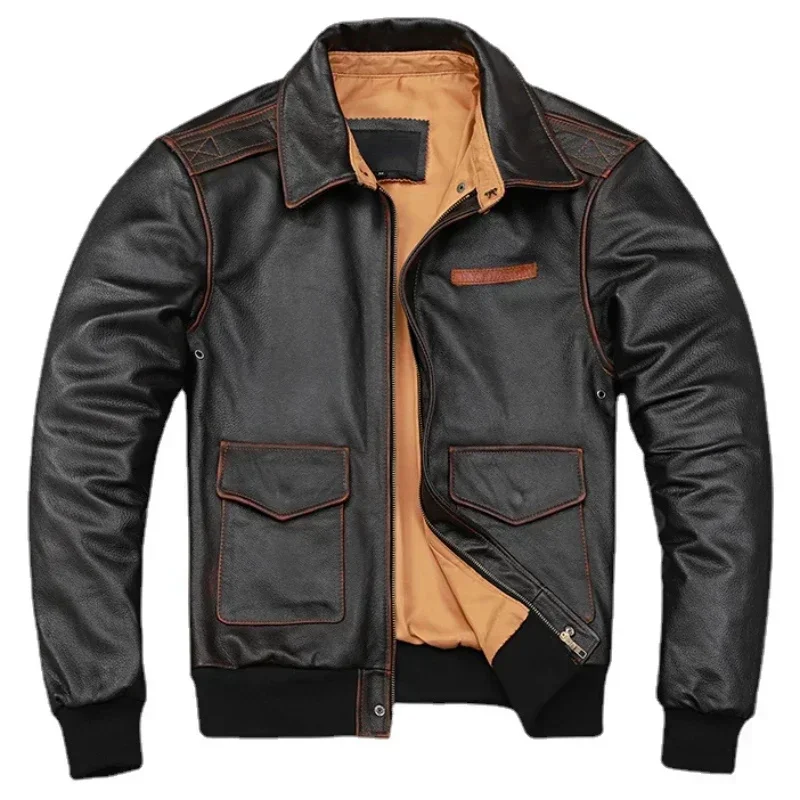 Men Cow Leather Jacket A2 Flight s Hand Edged Aviator Bomber Coat 항공점퍼가죽 Куртка бомбер Летная куртка