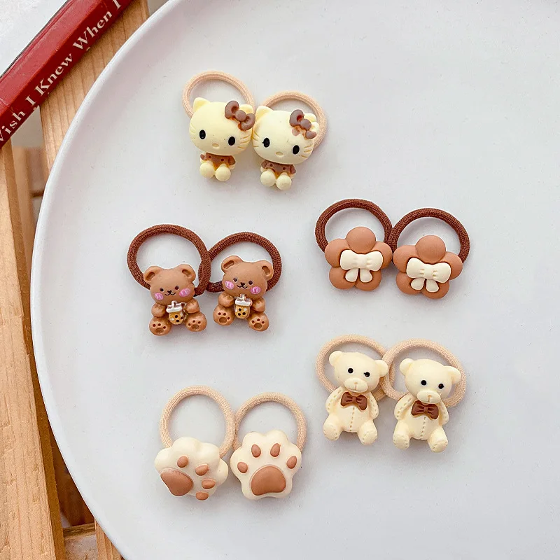 10pcs Girls Coffee Beige Small Size Scrunchie Children Cute Cartoon Elastic Hair Bands Headwear for Kids Baby Hair Accessories