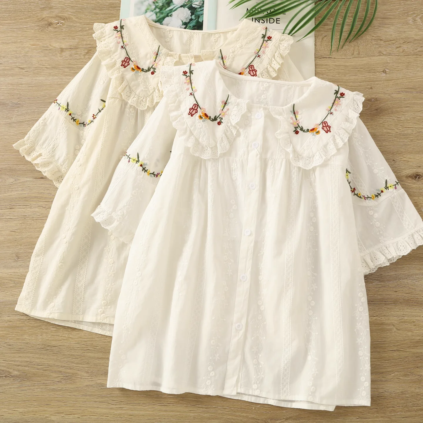 

2025 Sweet lolita clothing mori kei fashion peter pan collar cotton white beige embroider shirts white beige short sleeve blouse