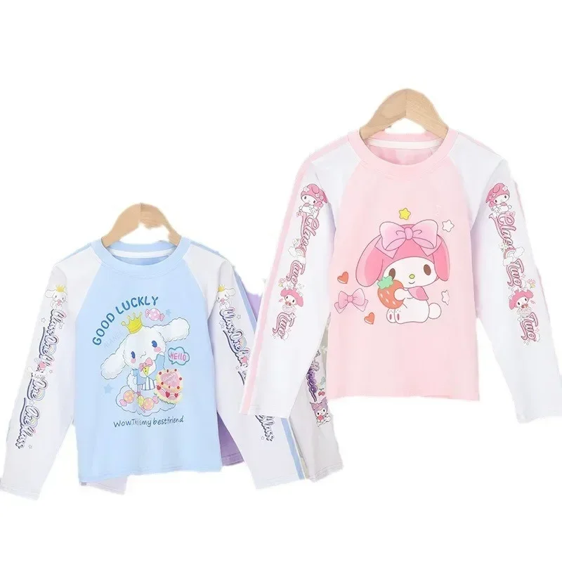 My Melody เสื้อยืดแขนยาวลายอะนิเมะสำหรับเด็กผู้หญิง, เสื้อคอกลมลายน่ารักสำหรับผู้หญิงพิมพ์ลาย Kuromi Cinnamoroll ฤดูใบไม้ร่วง Baju anak ของขวัญ