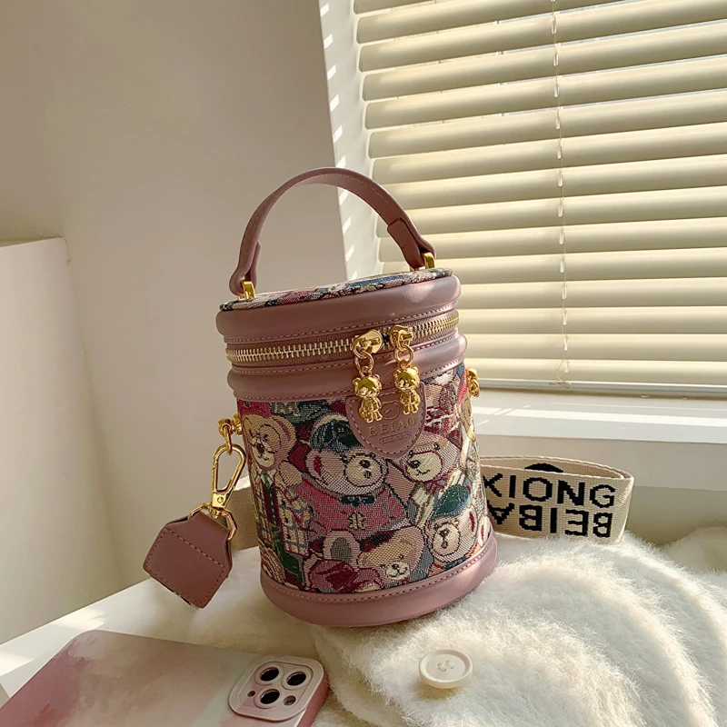 

2025 New Fashionable Cylindrical Bag Crossbody Women's Bag Bear Versatile Bucket Bag Cartoon Handbag bags for woman