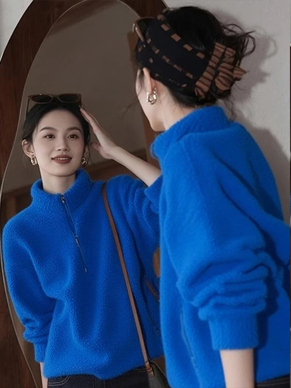 Klein Blue Fce Stand Collar Sweatirt Unique Sli Top Durable Zipper Closure Long Sve Korean Sle Comfortable Fit