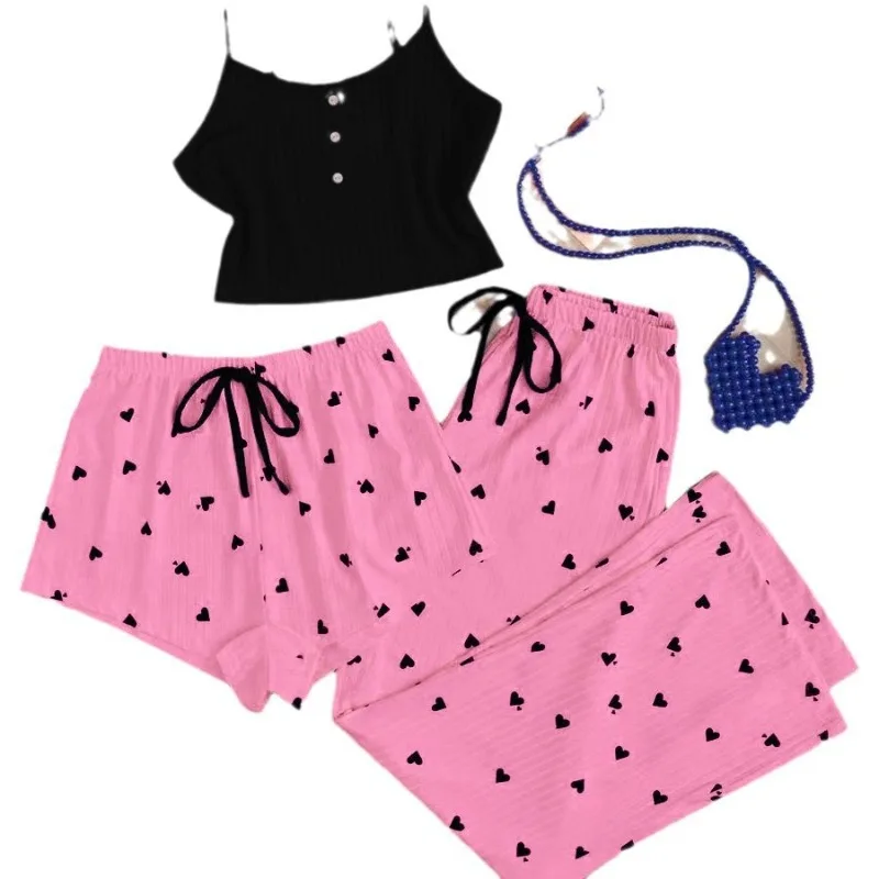 

Women's Spring Summer Sweet and Cute Three-piece Sense Suspender Shorts Set Sexy Home Girl Underwear 2026 Women's Love Pajamas