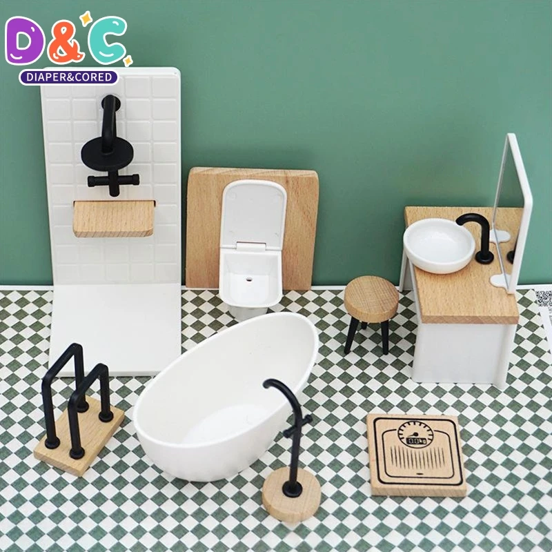 1:6/1:12 Dollhouse Miniature Bathroom Set Shower Room Toilet Bathtub Sink Commode Furniture Decor Toy Doll House Accessories