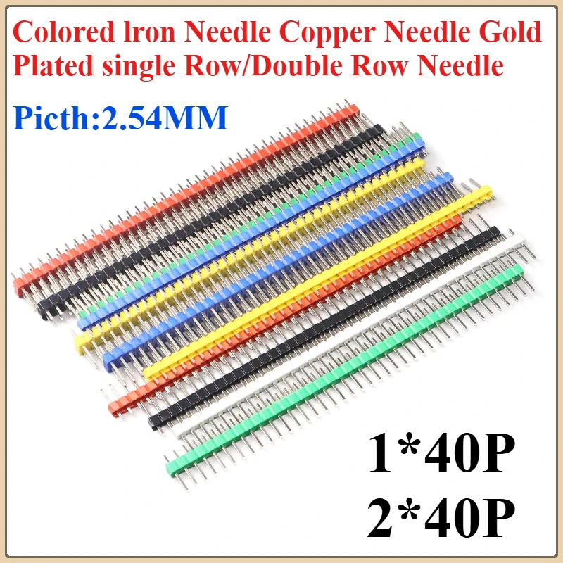 10PCS Color Gilded Array Pin Set 2.54mm Spacing Single-Row 1x40P Double-Row 2x40P Straight & Curved Contact Pins for Electronics