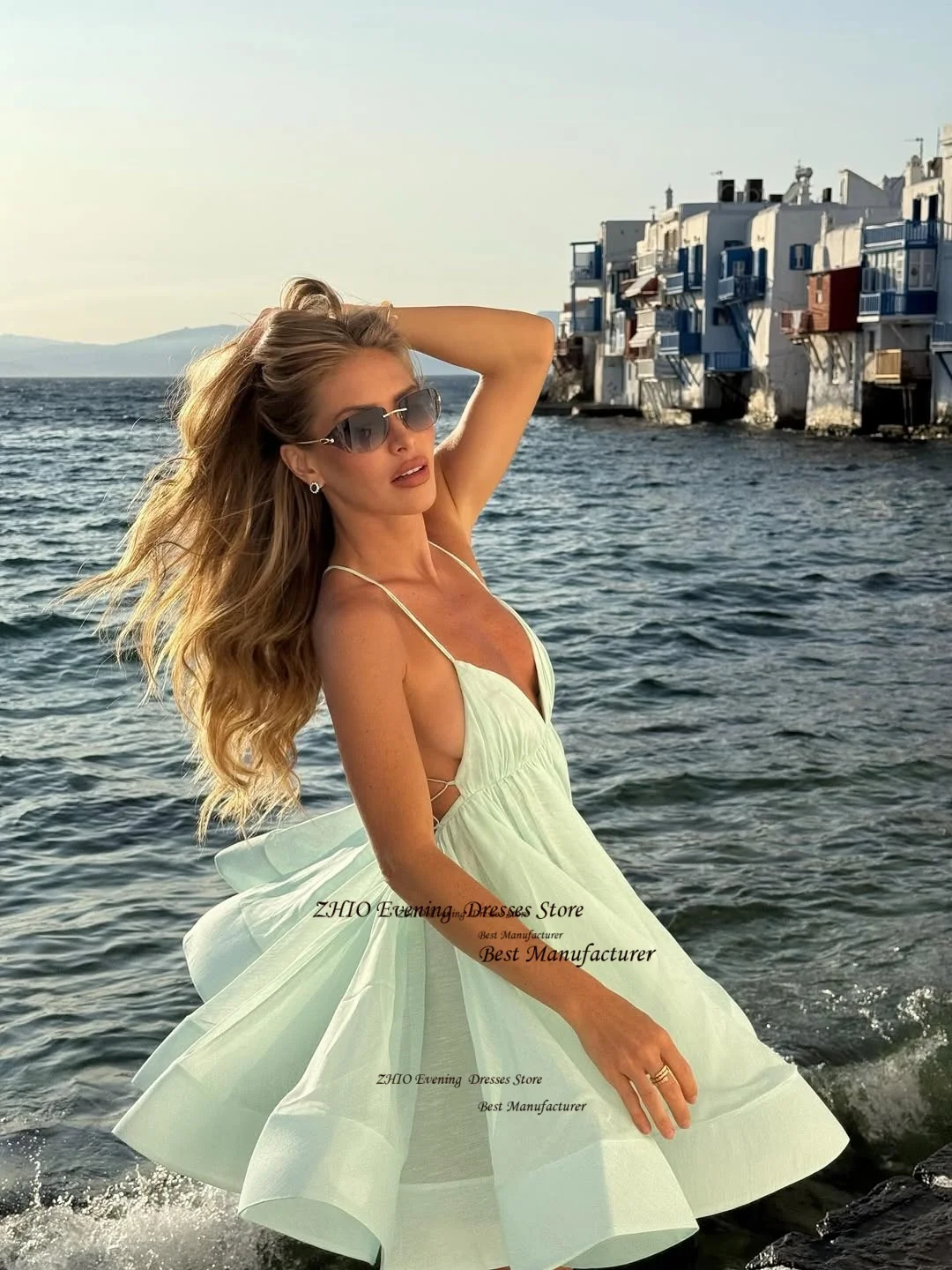 ZHIO Sexy V-Neck Satin Short Cocktail Dress Spaghetti Straps Pleats Prom Gown Customized Sleeveless Ruched Wedding Party Dress