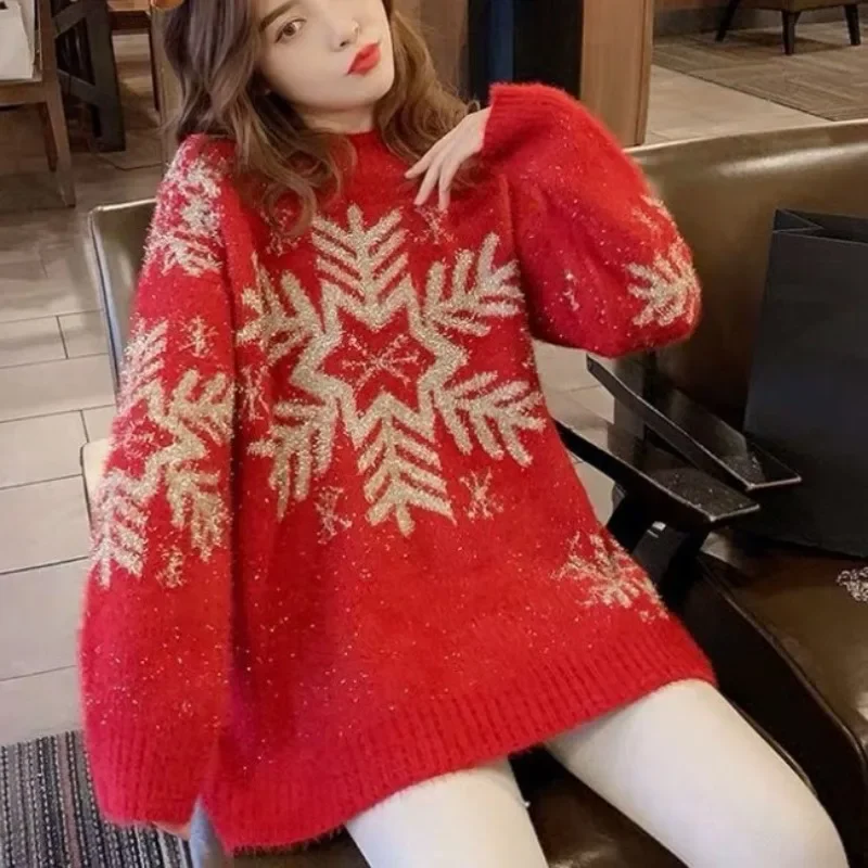 2024 Autumn Winter Red Christmas Snowflake Sweater Woman Loose Sweater Woman Korean Fashion Hoodie Pullover Y2k Streetwear