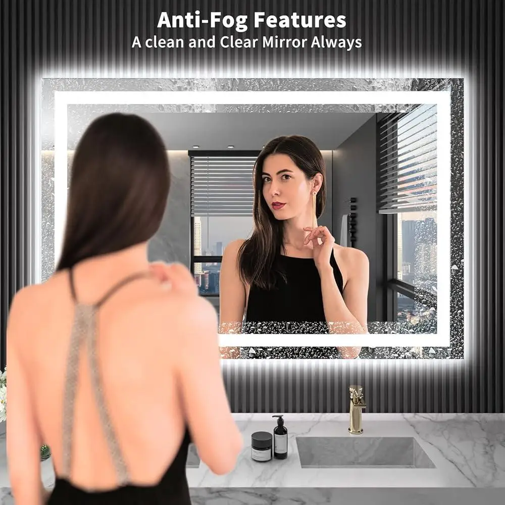 Anti-Fog Dimmable LED Bathroom Mirror Backlit Front Lit Memory Function Touch Control Vanity Mirror 40X32 Rectangular