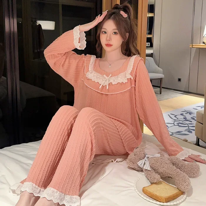 5XL Plus Size 2 Piece Set of Ladies Pajamas Loose Homewear Spring Autumn Cotton Long-Sleeved Trousers Solid Korean Sweet Outfits