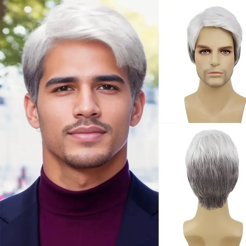 

Серебристо-серый короткий текстурированный мужской парик из натурального пышного термостойкого синтетического волокна, на всю голову