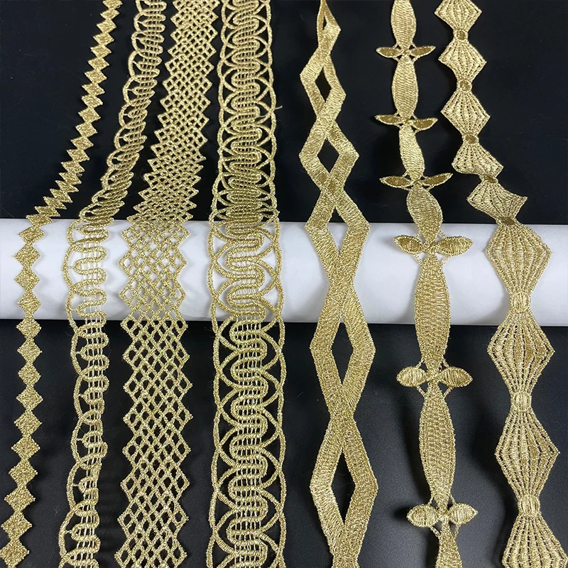 Golden Tassel Hollow Style Fabric, DIY Lace, Wedding, Fluorescent Lace, Gold Thread, Embroidery, Trim, Accessories, 2Yds