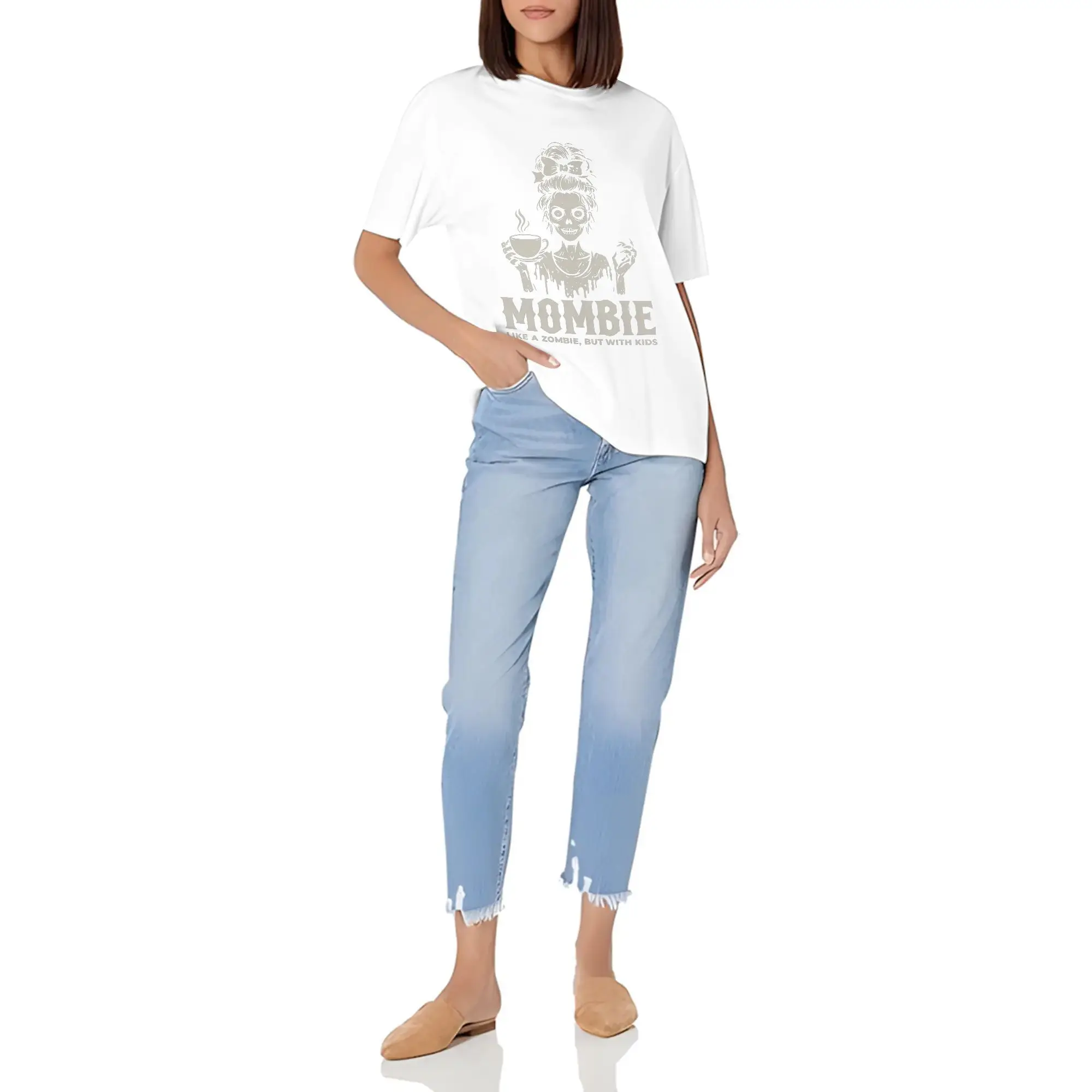 Coffee Skull Girl Letter Slogan Round Neck Short Sleeve Fashionable Women T Shirt