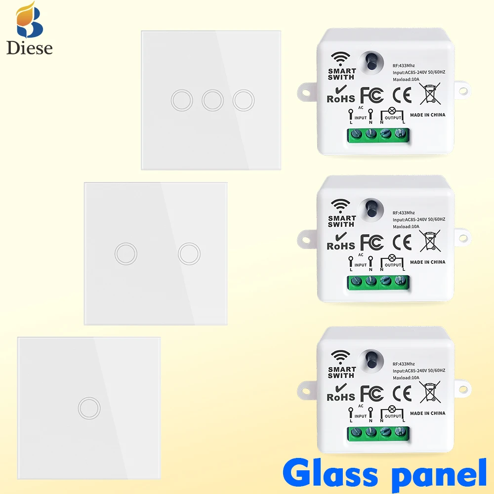 

Wireless Light Switch RF433Mhz Wall glass Panel transmitter touch remote control AC110V 220V Mini Relay Receiver for Lamp light