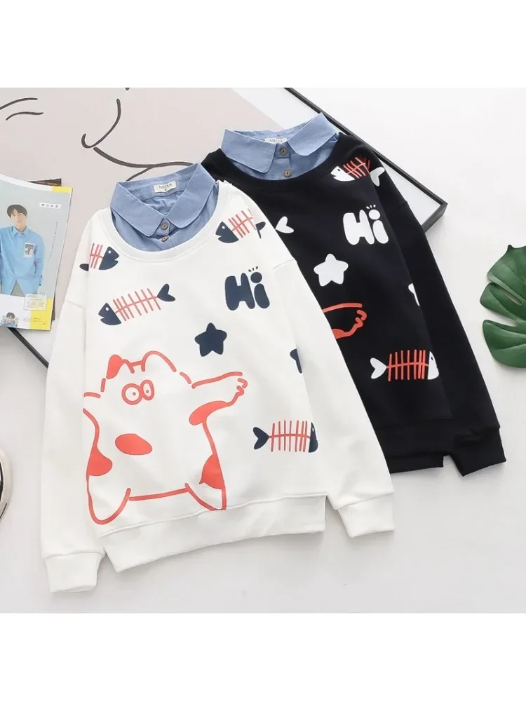 

High Quality Kawaii Fleece 100% Cotton Sweatshirt Teen Girls Trendy Cute Cat Fish Soft Cotton Thick Preppy Style Sweatshirts