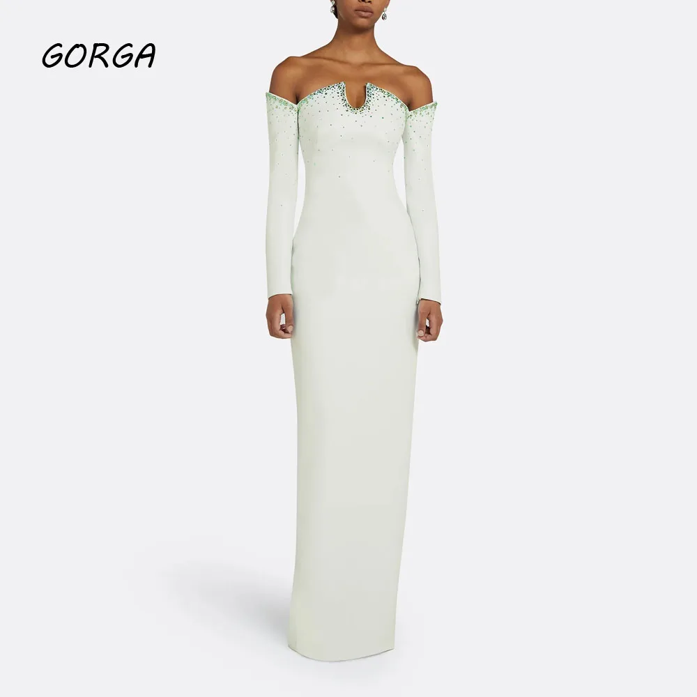 

GORGA Customized Ivory Beading Crepe Formal Evening Dress Slim Mermaid Prom Dress 2025 Saudi Long Sleeves Party Dress