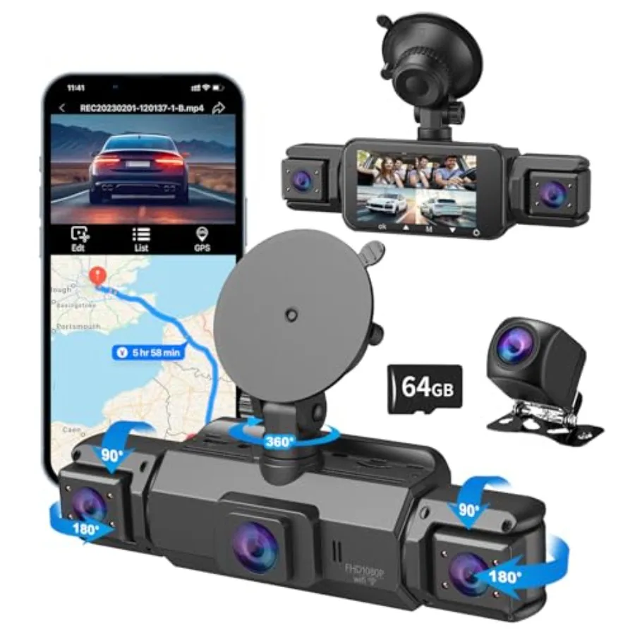 

4 Channel Dash Cam for Cars: Front 2K+1080P×2 + Rear 1080P, Built-in WiFi/GPS/Night Vision, 24/7 Parking Mode, Free 64GB Card