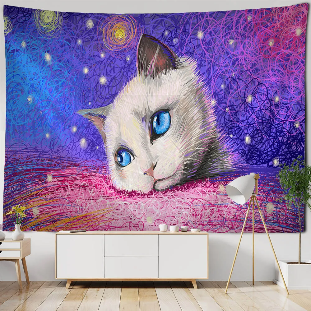 Colored Cat Tapestry Wall Hanging, Witchcraft, Psychedelic Animal Dormitory, Aesthetic Room Decoration, Dreamy Background Cloth