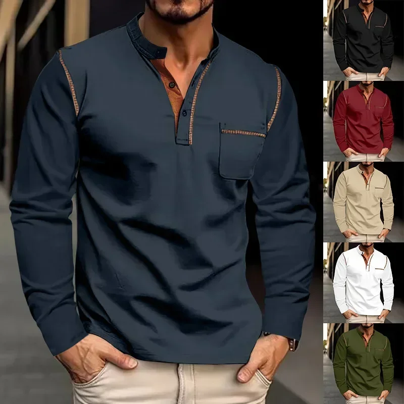 Shirt Men Polo Shirts Tops Full Sleeve Stand Collar Casual Regular Sweatshirts Button Splice Simple Top Pockets Autumn 2024
