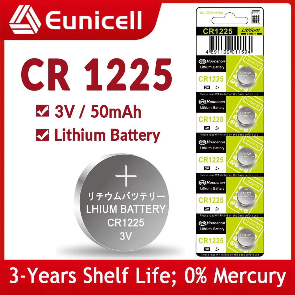 Eunicell 3V 50mAh CR1225 Coin Cells Batteries CR 1225 DL1225 BR1225 5020LC LM1225 Lithium Battery For Watch Remote Control Toys