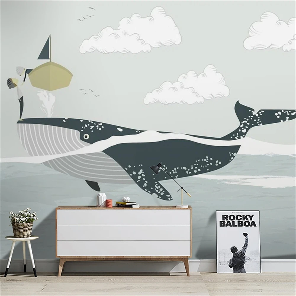 Custom Cartoon whale mural wallpaper for children's room wall cloth wall paper home decoration TV background mural boy bedroom