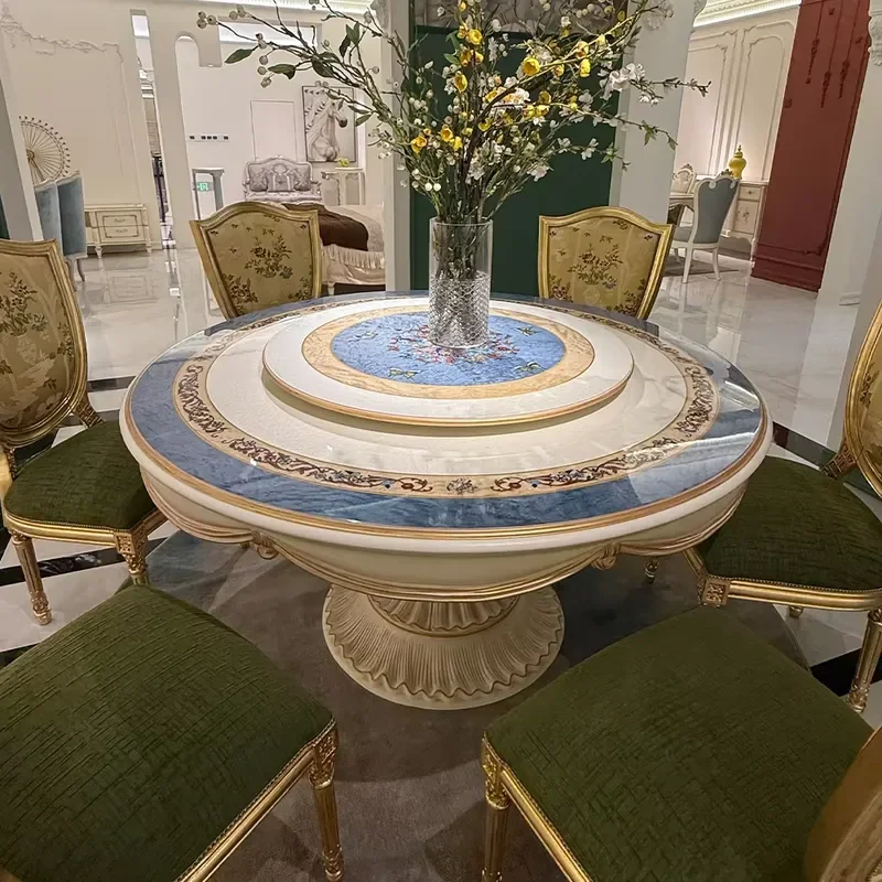 Aristocratic Majestic Hand Carved Spiral Pedestal Wood Veneer Mother Pearl Lacquer Round Dining Table with Swivel Lazy Susan