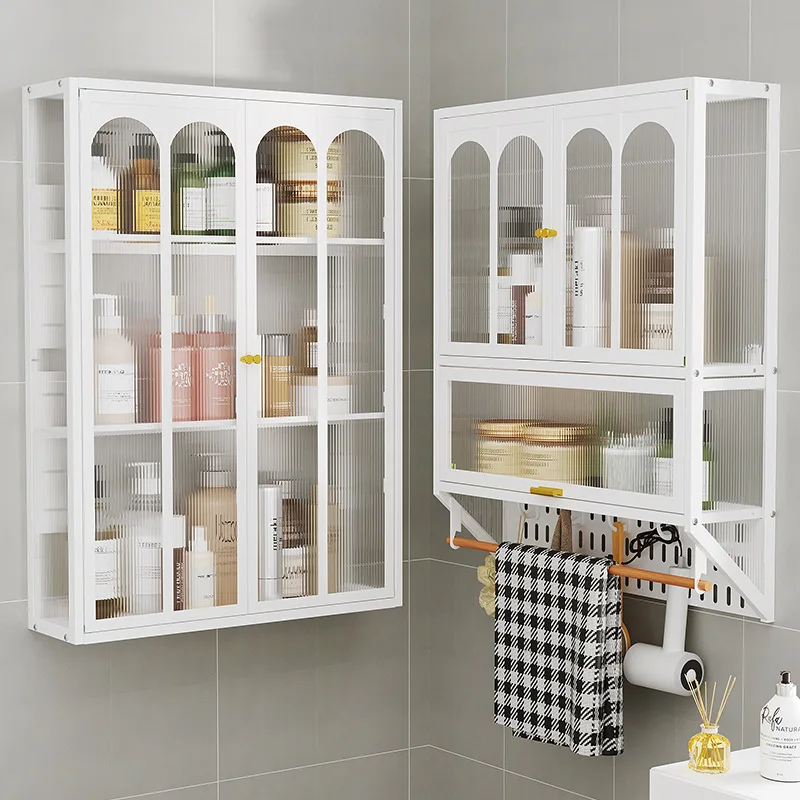 

Wall-Mounted Bathroom Cabinet, Large Capacity Hanging Shelf, No-Drill Corner Organizer, Dust-Proof Shower Storage with Layers