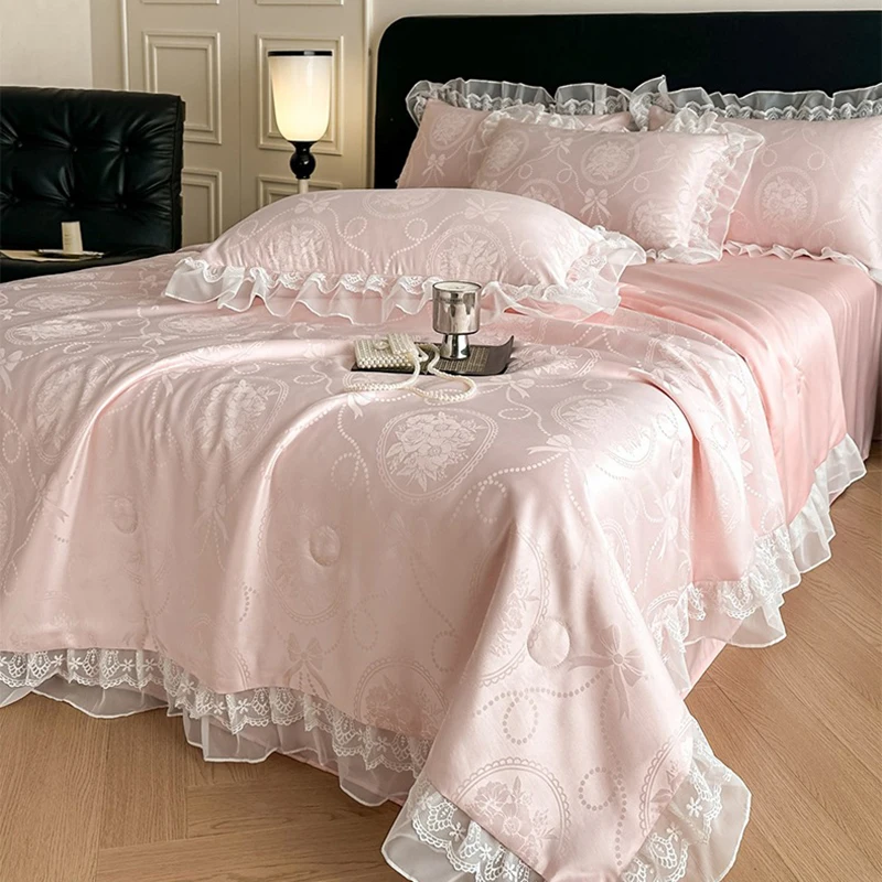 Cooling Summer Quilt Twin Queen Size 2026 Korean Lace Trim Silky Satin Lightweight Blanket for Hot Summer Nights Bedroom AC Room