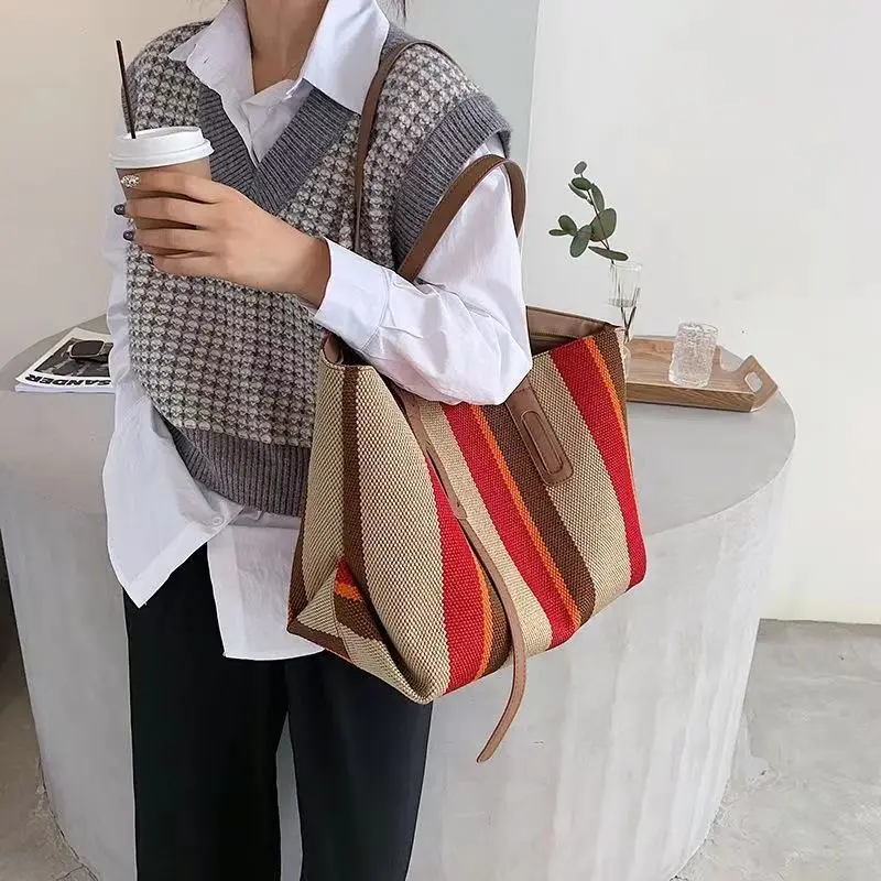 Large Capacity Bag Women's Bags Popular Spring and Summer Shoulder Bag Checkered Versatile Tote Bag Canvas Handbag Luxury Bags