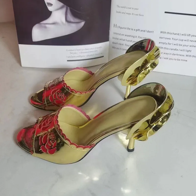 Gold Rose Flower Sandals Woman Open Toe Strange High Heel Pumps Lady Sexy Party Shoes
