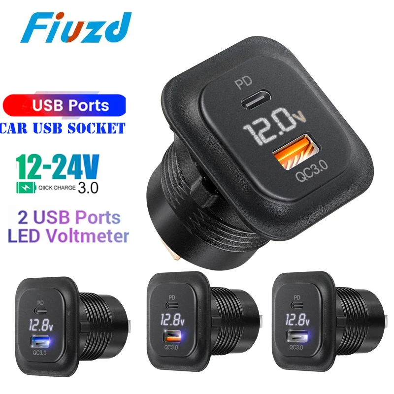 Usb socket in the car Quick Charge PD 3.0 Car Charger Socket With Voltmeter Quick Charge Adapter for Truck Motorcycle RV Marine