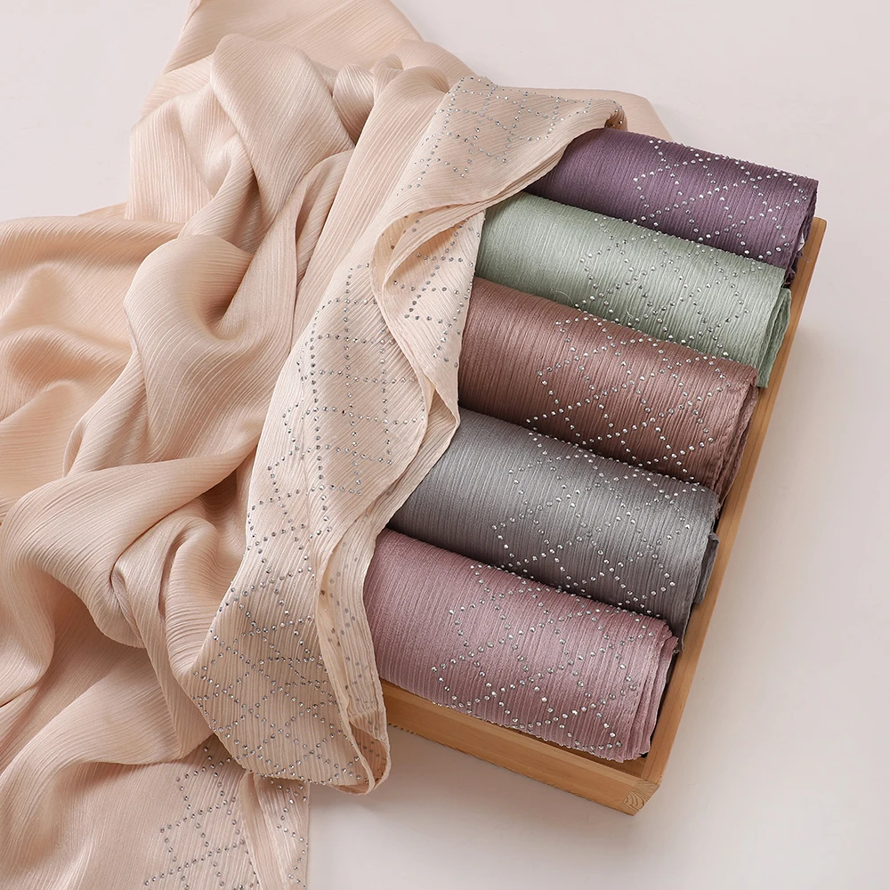 Luxury Shiny Rhinestone Crinkle Satin Hijab Women Pleated Silk Scarf Soft Glossy Muslim Headscarf Elegant Long Shawl Wrap