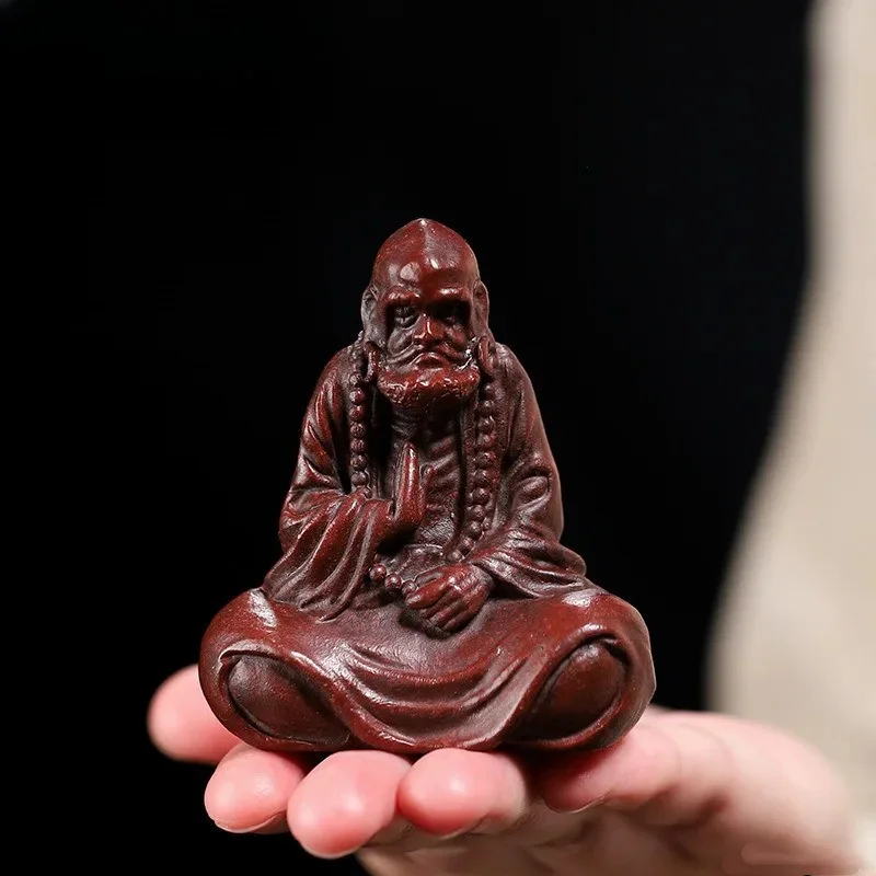 Handmade Zisha Purple Clay Tea Pet - Bodhidharma Buddha Sculpture, Zen Meditation Tea Table Ornament Lucky Kungfu Tea Display