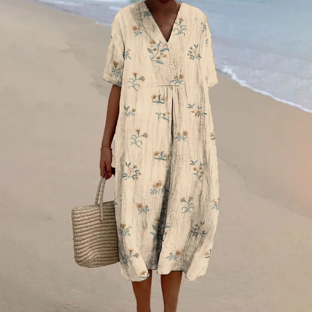 

Boho Breezy Fluttery Dress Romantic Blooming Flowers Prints Robes Women’s Beach Vacation Wear Floral-Adorned Clothes Dress