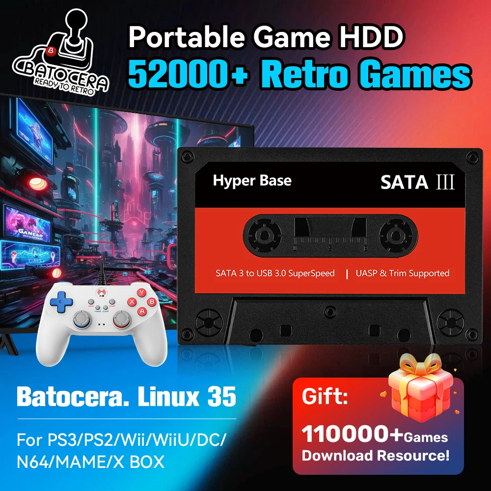 Batocera Linux. 35 System 500GB/2T Game Hard Drive with 52000+ Retro Games for PS3/PS2/Wii/WiiU/N64/MAME for Wins PC/MAC/Laptop