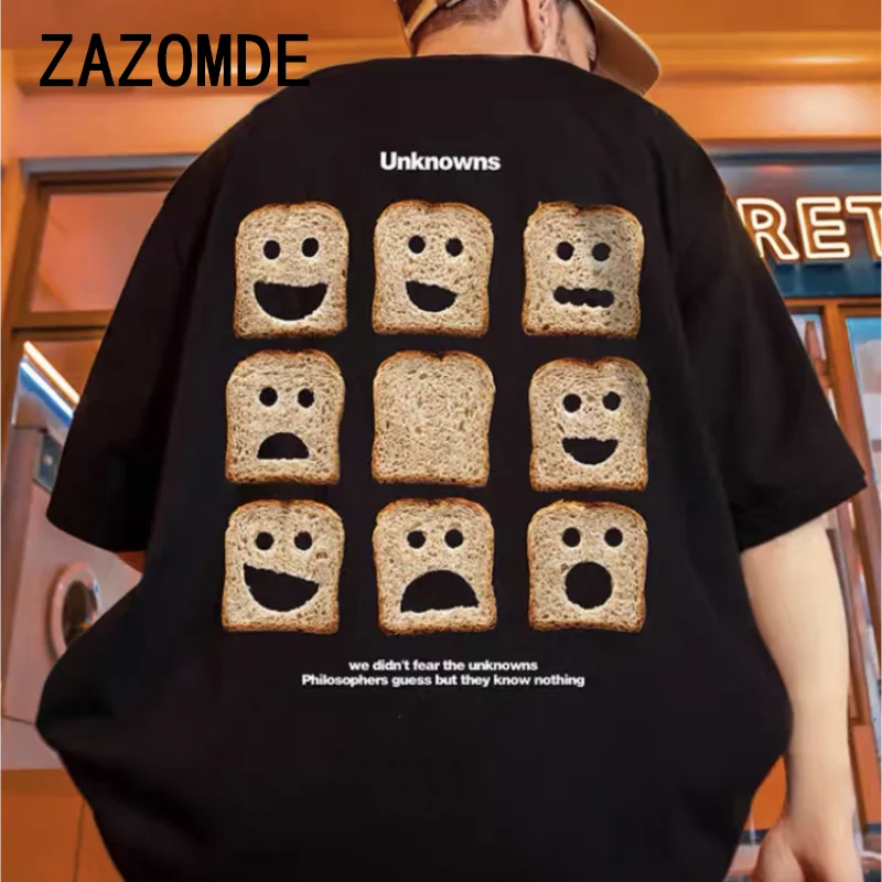 ZAZOMDE Toast Letter Print Man Bawełniane koszulki z okrągłym dekoltem i krótkim rękawem Letnia luźna koszulka codzienna Odzież oversize dla