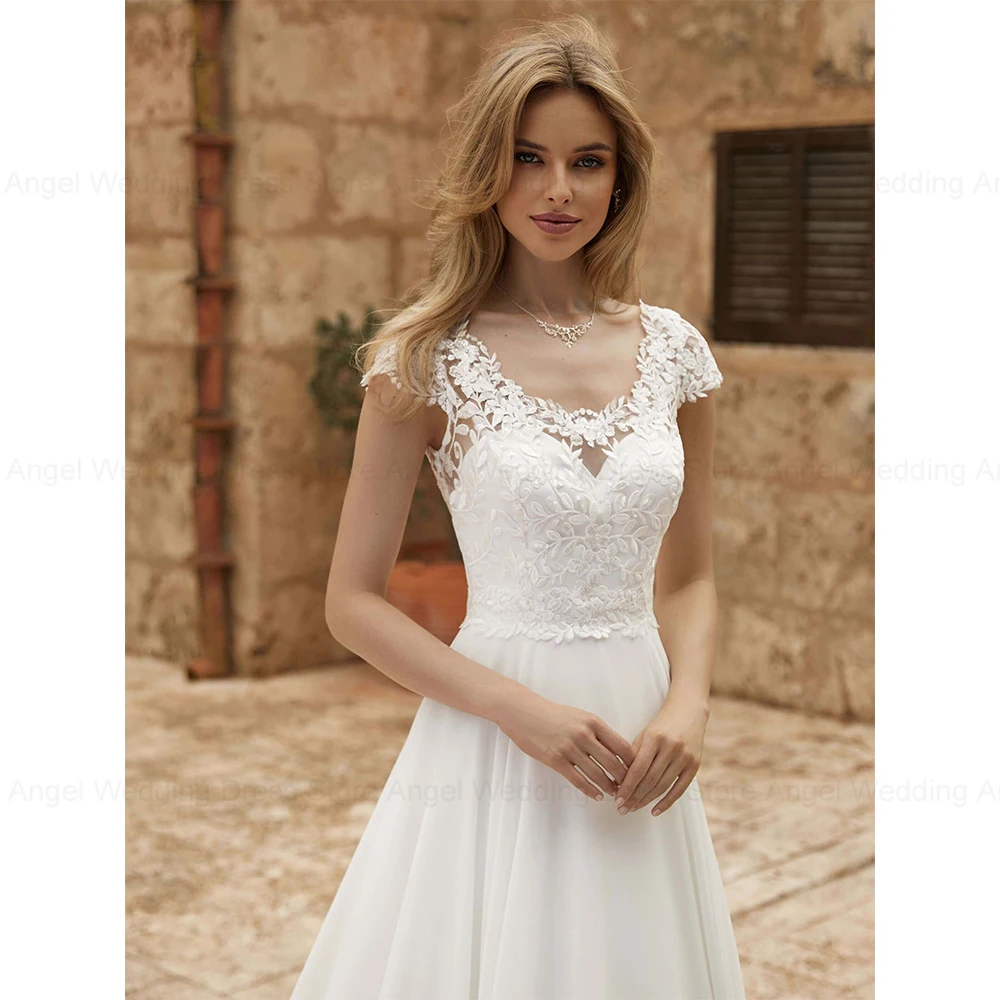ANGEL فساتين زفاف أنيقة على شكل حرف a للنساء مخصصة من الدانتيل الوهم الخلفي كم قصير رقبة دائرية طويلة زي العرائس Vestidos De Noiva