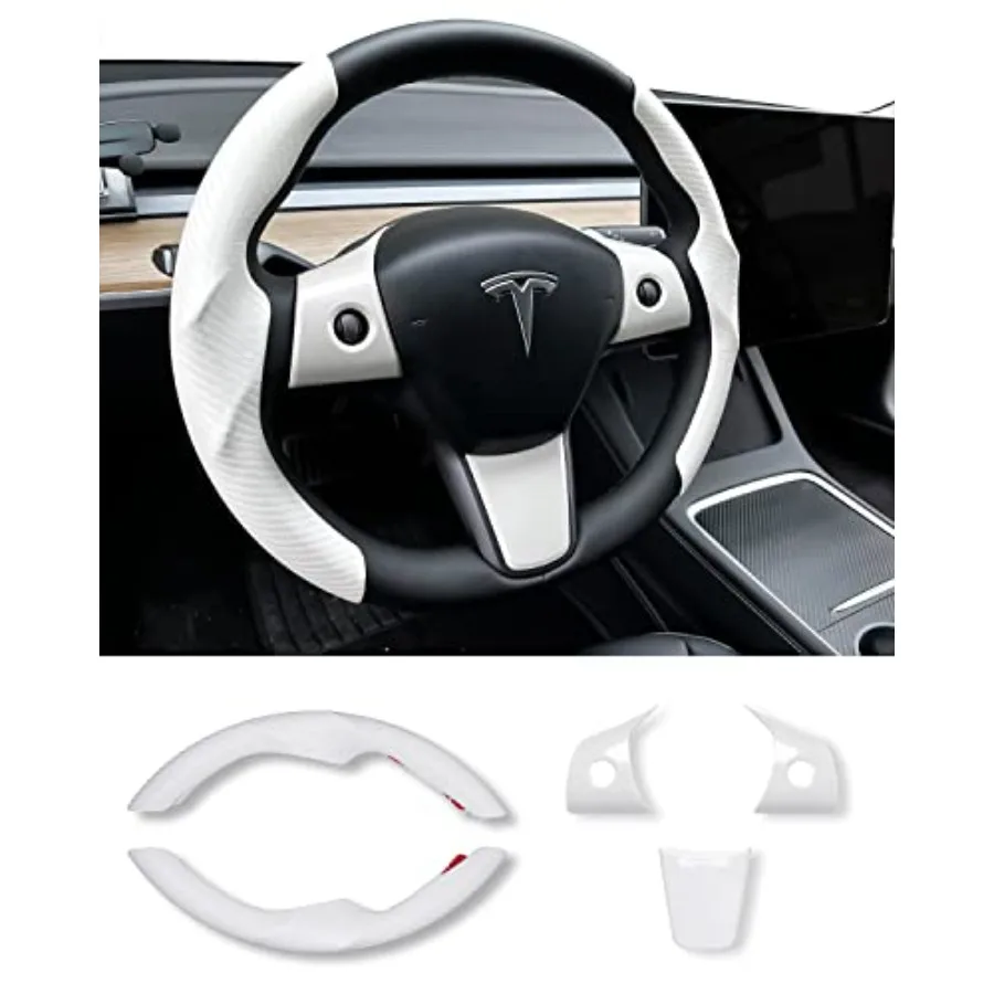 Carbon Fiber Steering Wheel Cover and ABS Wrap Kit for Model 3/ Y Accories White
