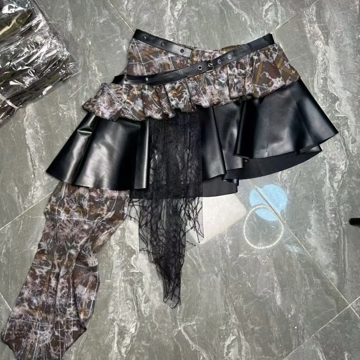 Women's Pu Leather Skirt Irregular Spice Girl Lace Stitching Pleated Skirt