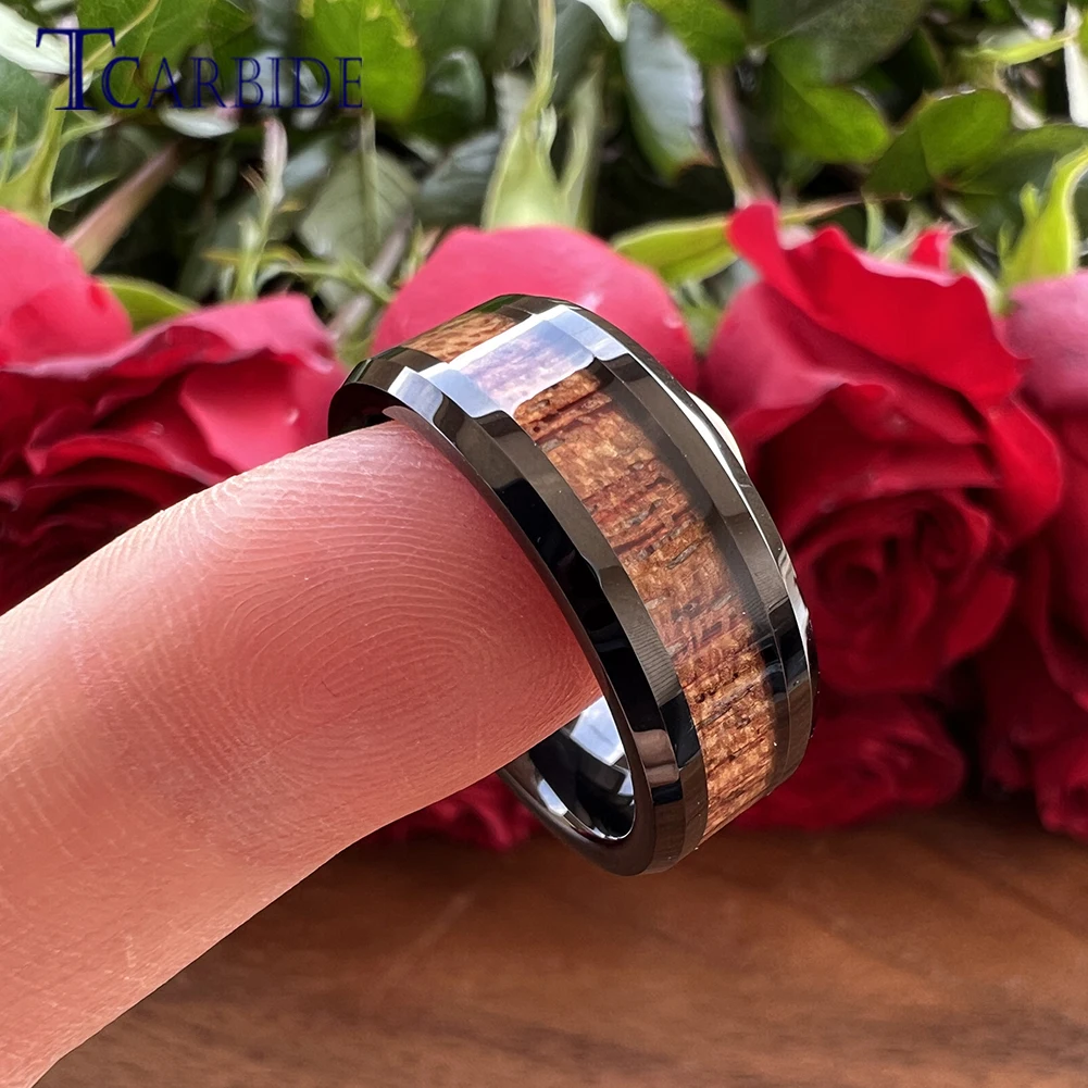 8mm Men Women Tungsten Wedding Band Rosewood Koa Wood Inlay Ring Multicolor Beveled Polished Finish Classic Gift Jewelry