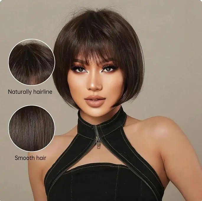 Wig 100% rambut manusia asli, rambut palsu pendek lurus alami lapis Bob potongan rambut rapi dengan poni