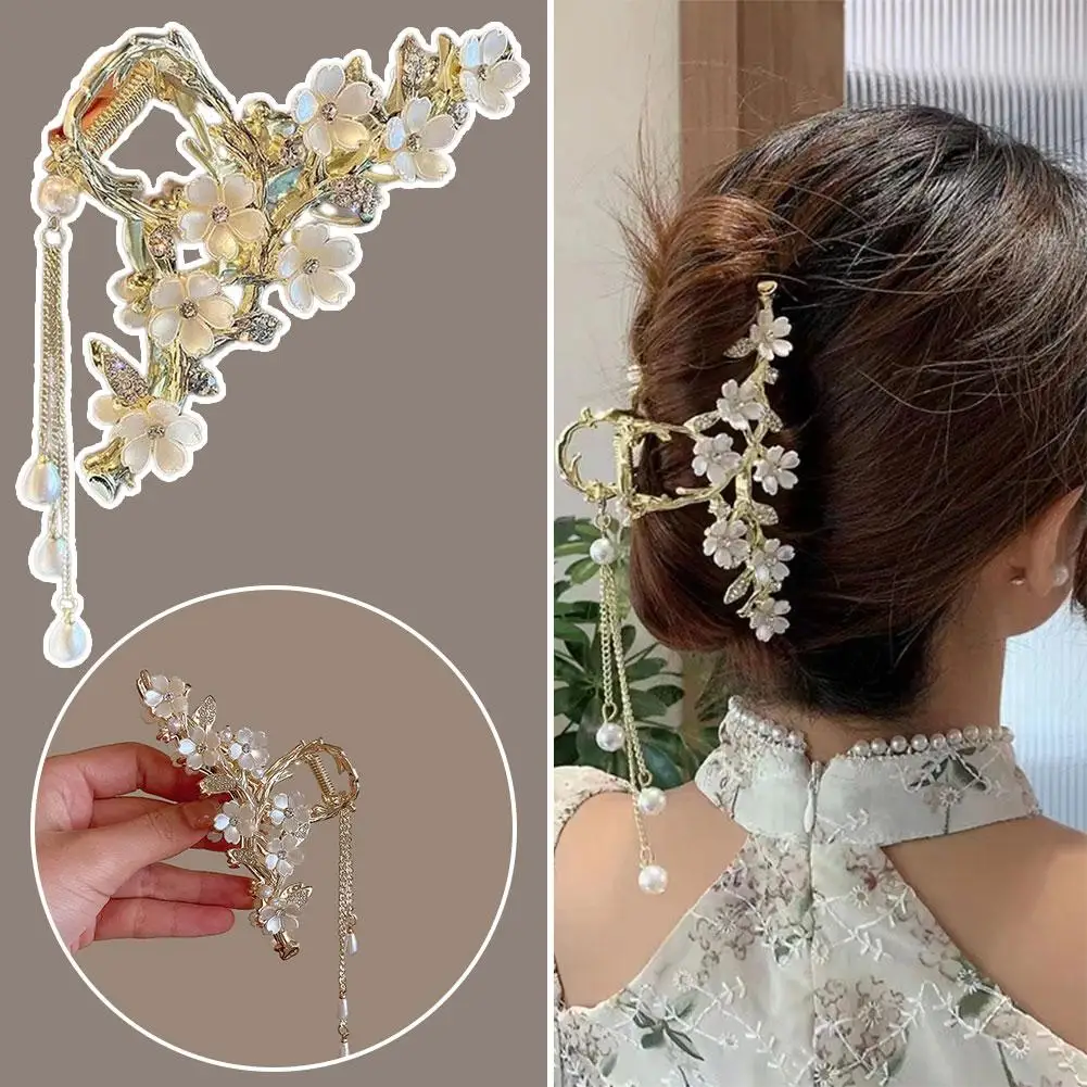 Sweet Flower Tassel Hair Claw Retro Women Ponytail Exquisite Korean Hairpin Big Accessories Shark Hair Clip Hair Clip Size P9Z7