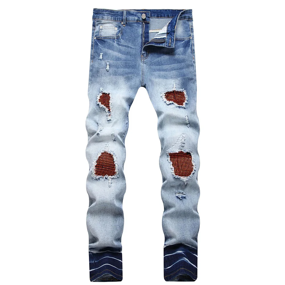 Men Red Crystal Stretch Denim Jeans Streetwear Ptaches Patchwork Pants Slim Tapered Blue Trousers